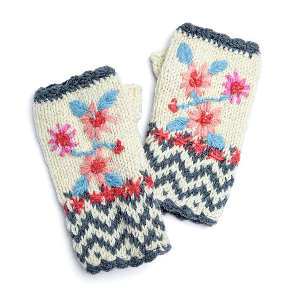 Hand Knitted Wool Hand Warmers white floral pattern